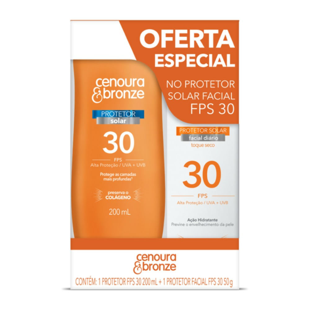 Kit Cenoura E Bronze Protetor Solar Corporal Fps30 200ml +Protetor Solar Facial Fps30 50g