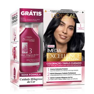 Kit Loreal Paris Tintura Imédia Excellence Creme 1 Preto + Tratamento Cuidado Milagroso Da Cor 50ml
