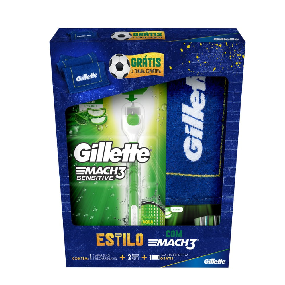Kit Gillette Mach3 Sensitive Aparrelho De Barbear Recarregável 1 Unidade + 2 Cargas + Tolha Esportiva