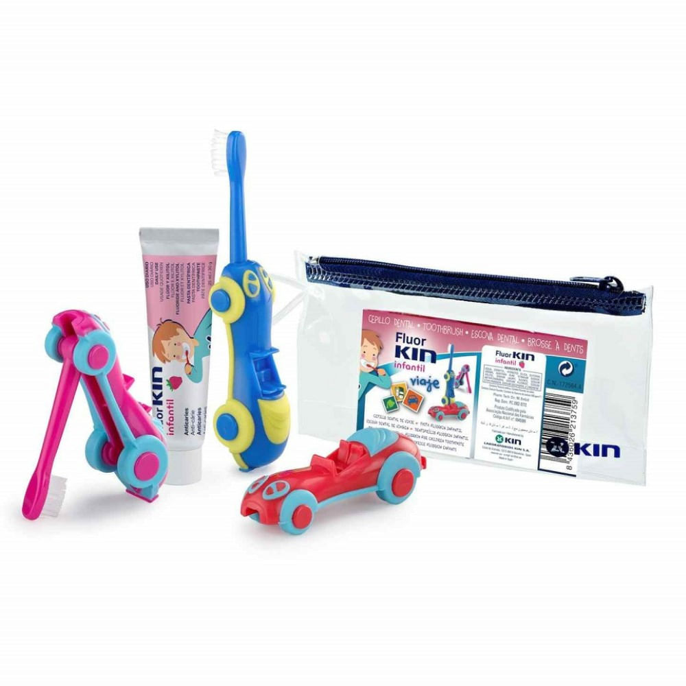 Kit Fluor Kin Infantil Viagem 1 Escova Dental Formato De Carro + 1 Creme Dental 30g + 1 Nécessaire