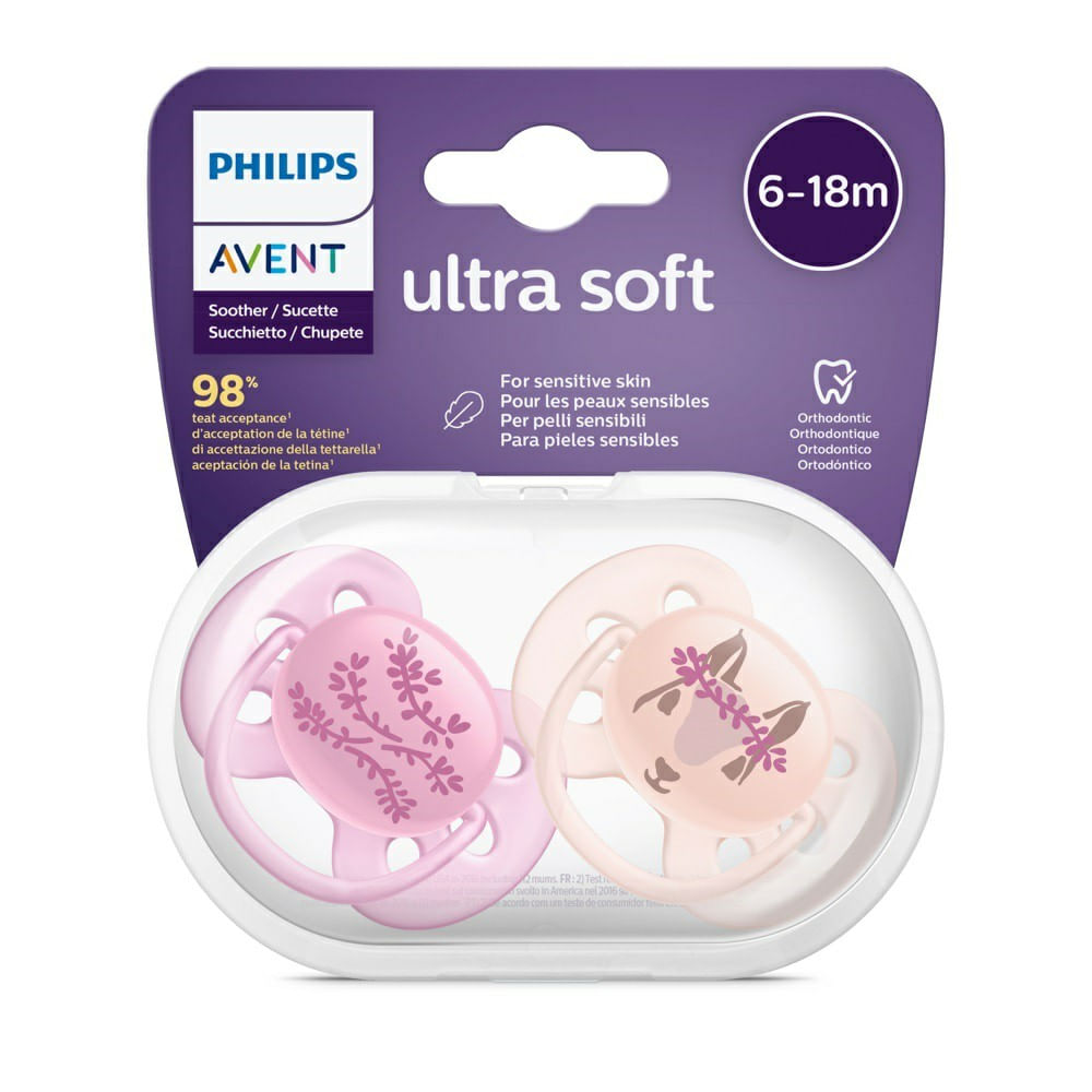 Chupeta Philips Avent Ultra Soft 6-18 Meses Scf223/04 Decorada Menina 2  Unidades - Drogaria Venancio