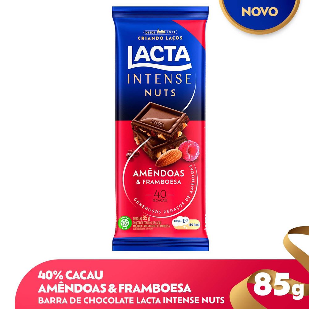 Chocolate Lacta Intense Nuts 40% Cacau Amêndoas E Framboesa 85g