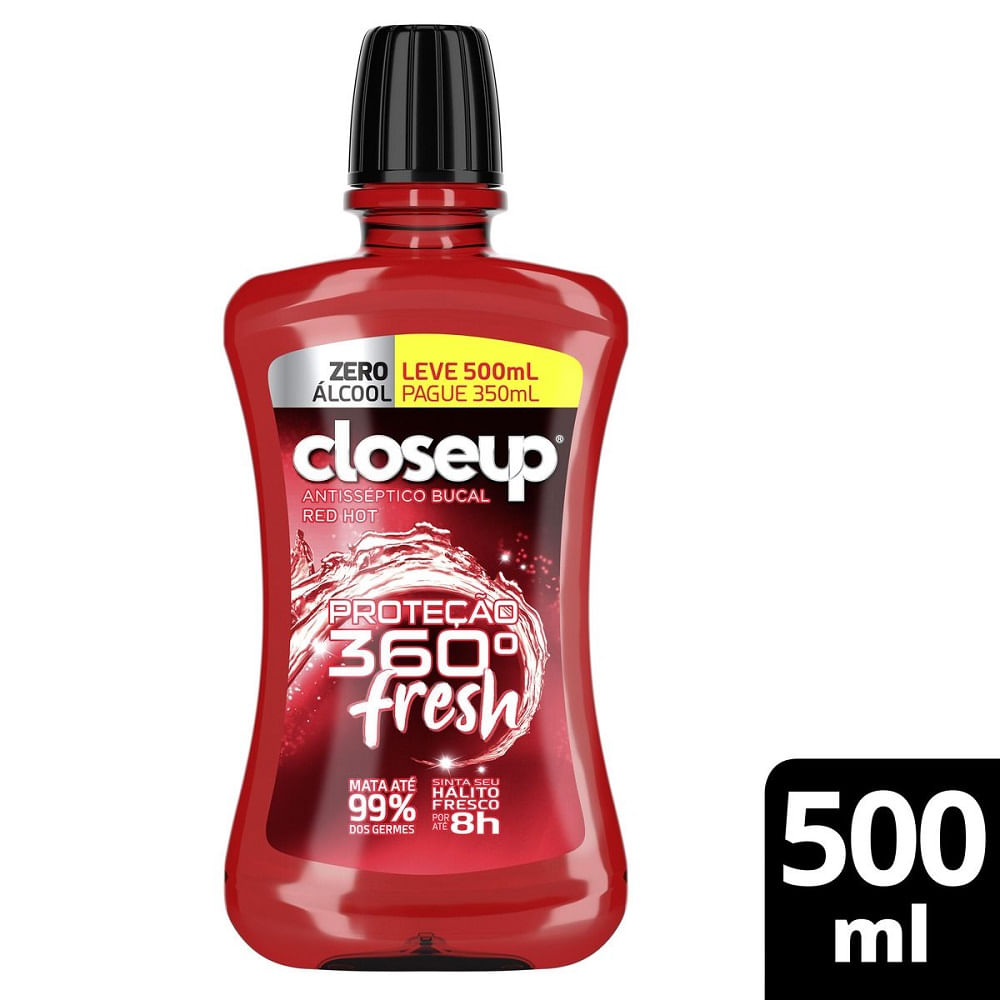 Enxaguante Bucal Closeup Red Hot Proteção 360 Fresh Zero Álcool 500ml