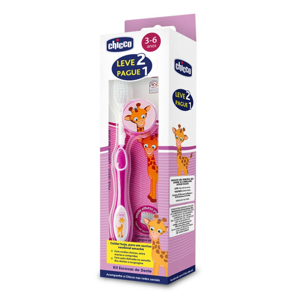 Escova Dental Infantil Chicco 3-6 Anos Rosa 2 Unidades
