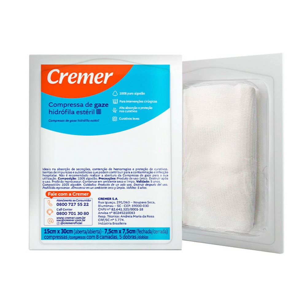 Compressa de Gaze Cremer Hidrófila Estéril 7,5 x 7,5cm 5 Unidades