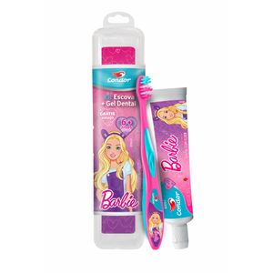 Kit Condor Infantil Barbie Escova Dental 1 Unidade + Gel Dental Com Flúor Morango 50g + Estojo Protetor 1 Unidade