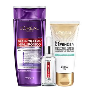 Kit Tratamento Facial  L'Oréal Paris Água Micelar Hialurônico 200ml + Sérum Revitalift 15ml + Protetor Solar UV Defender FPS60 40g