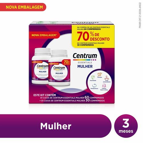 Kit Suplemento Alimentar Centrum Mulher Essentials 60 Comprimidos + 30 Comprimidos