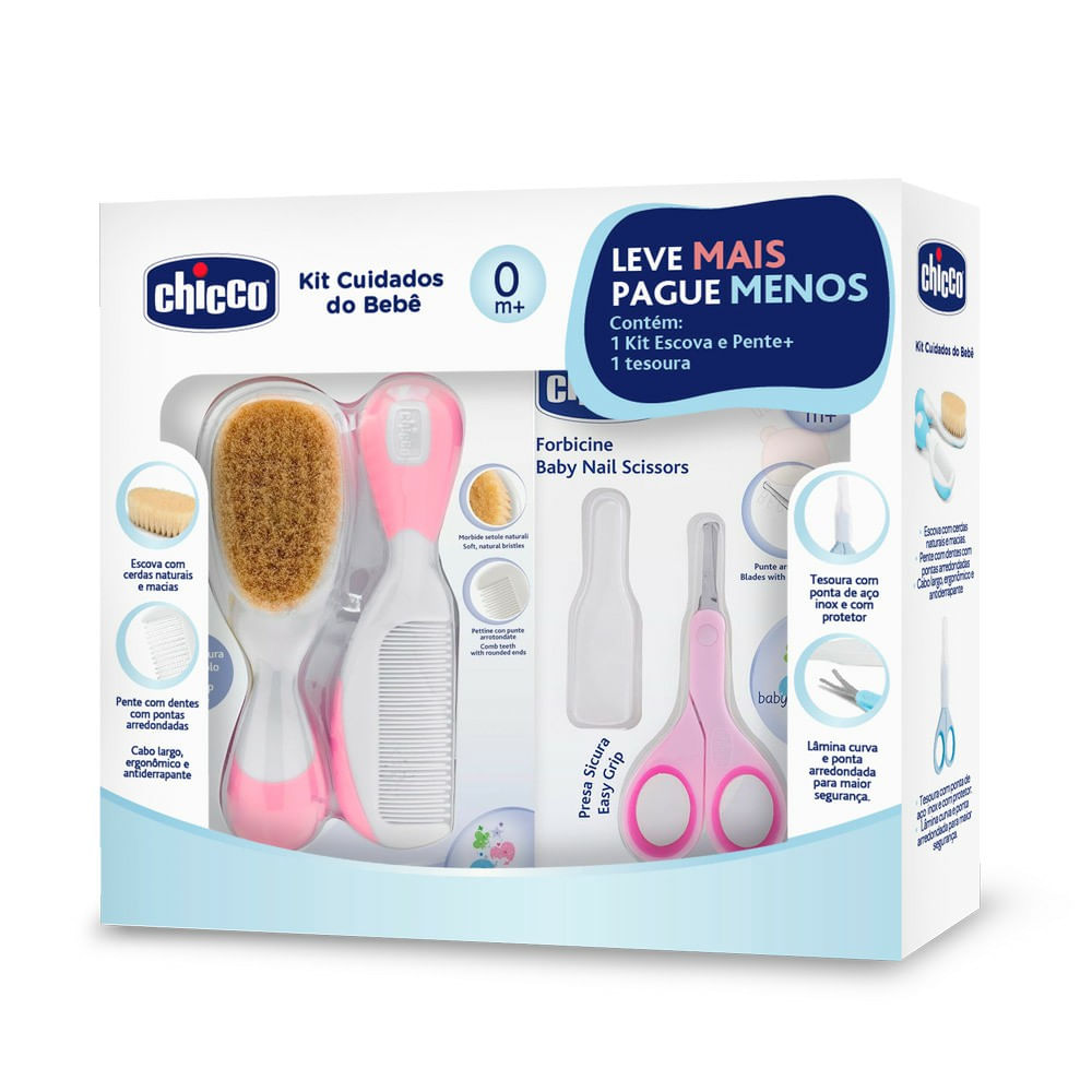 Kit Chicco Cuidado do Bebê Rosa Escova 1 Unidade + Pente 1 Unidade + Tesoura 1 Unidade-