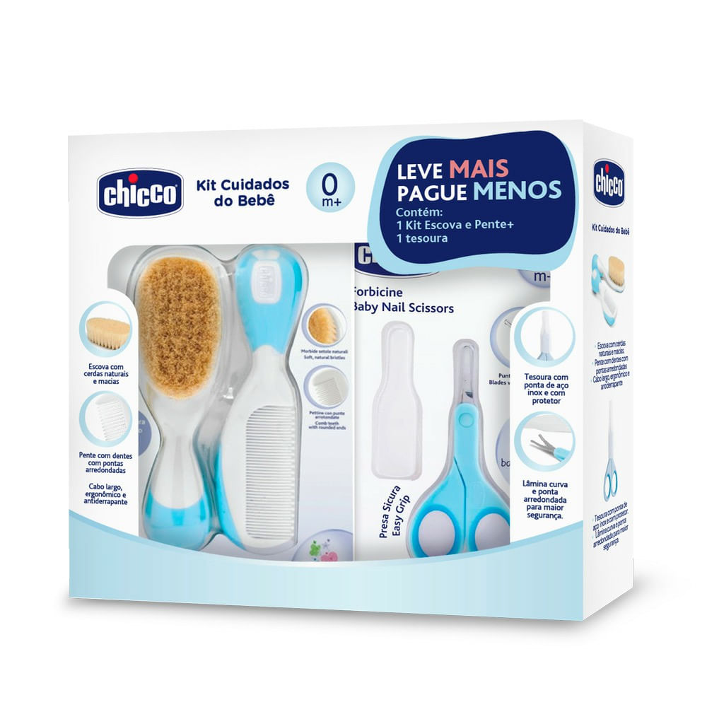 Kit Chicco Cuidados do Bebê Azul Escova 1 Unidade + Pente 1 Unidade + Tesoura 1 Unidade