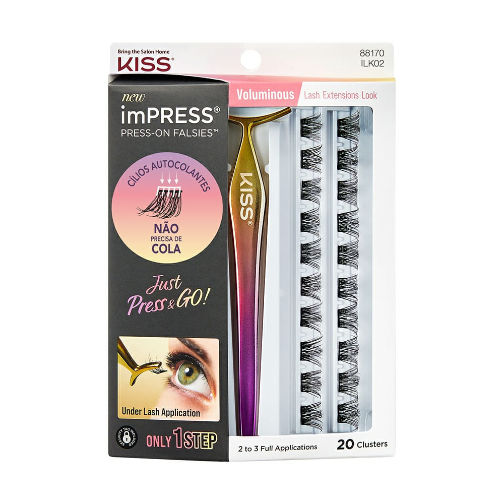 Cílios Postiços Autocolantes Kiss Ny Impress Press-On Falsies 88170 ILK02 Kit 02 20 Clusters + 1 Aplicador