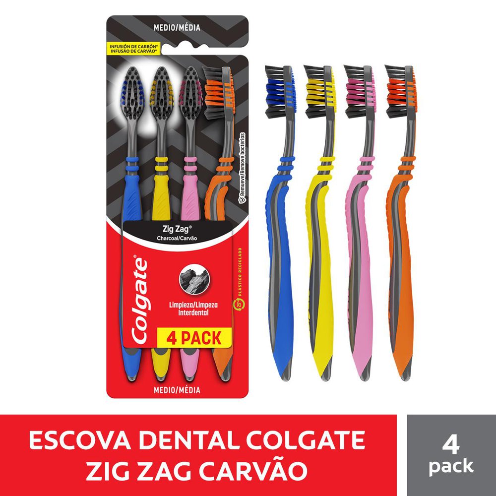 Escova Dental Colgate Zig Zag Carvão 4 Unidades