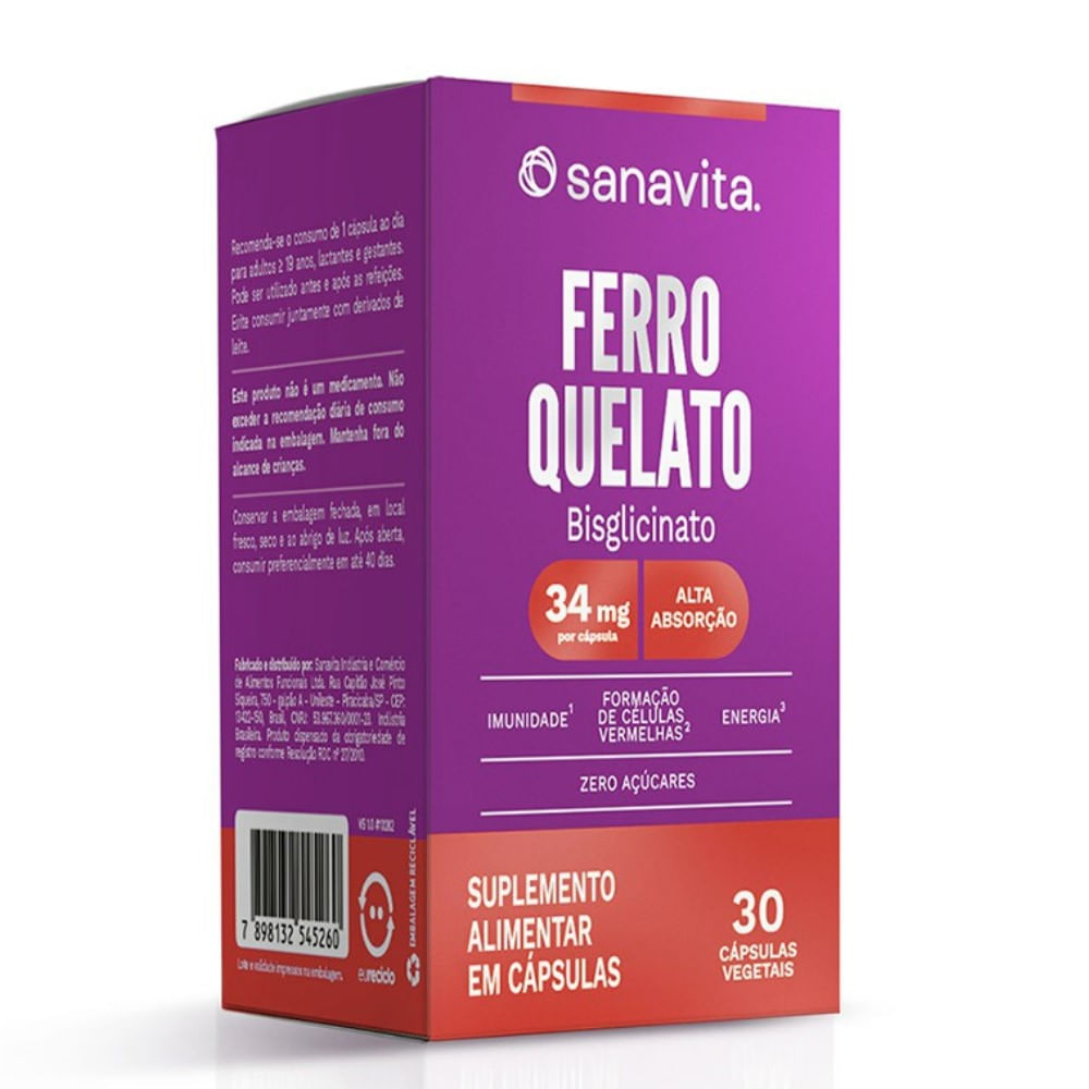 Suplemento Alimentar Sanavita Ferro Quelato 30 Cápsulas