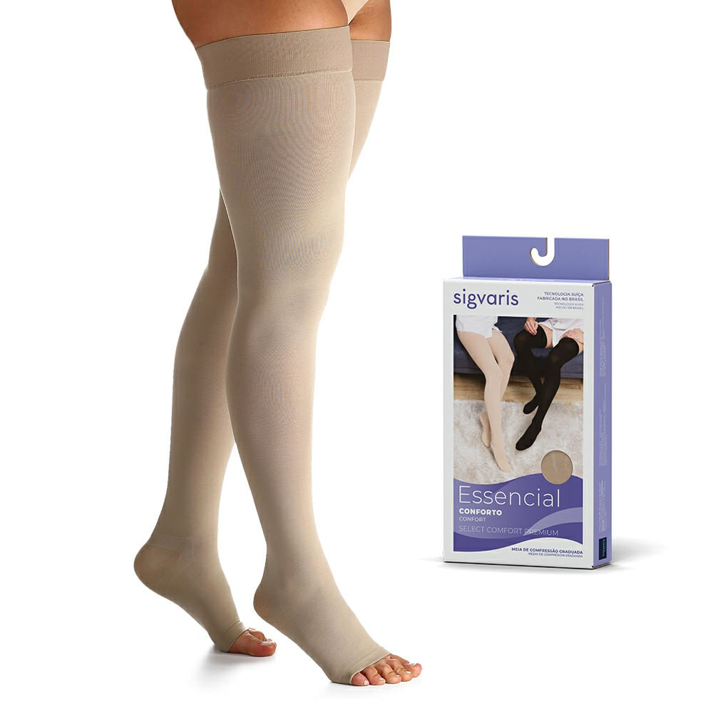 Meia 7/8 Coxa Sigvaris Select Comfort Premium Unissex 20-30mmHg Natural G1 Ponteira Aberta 1 Par