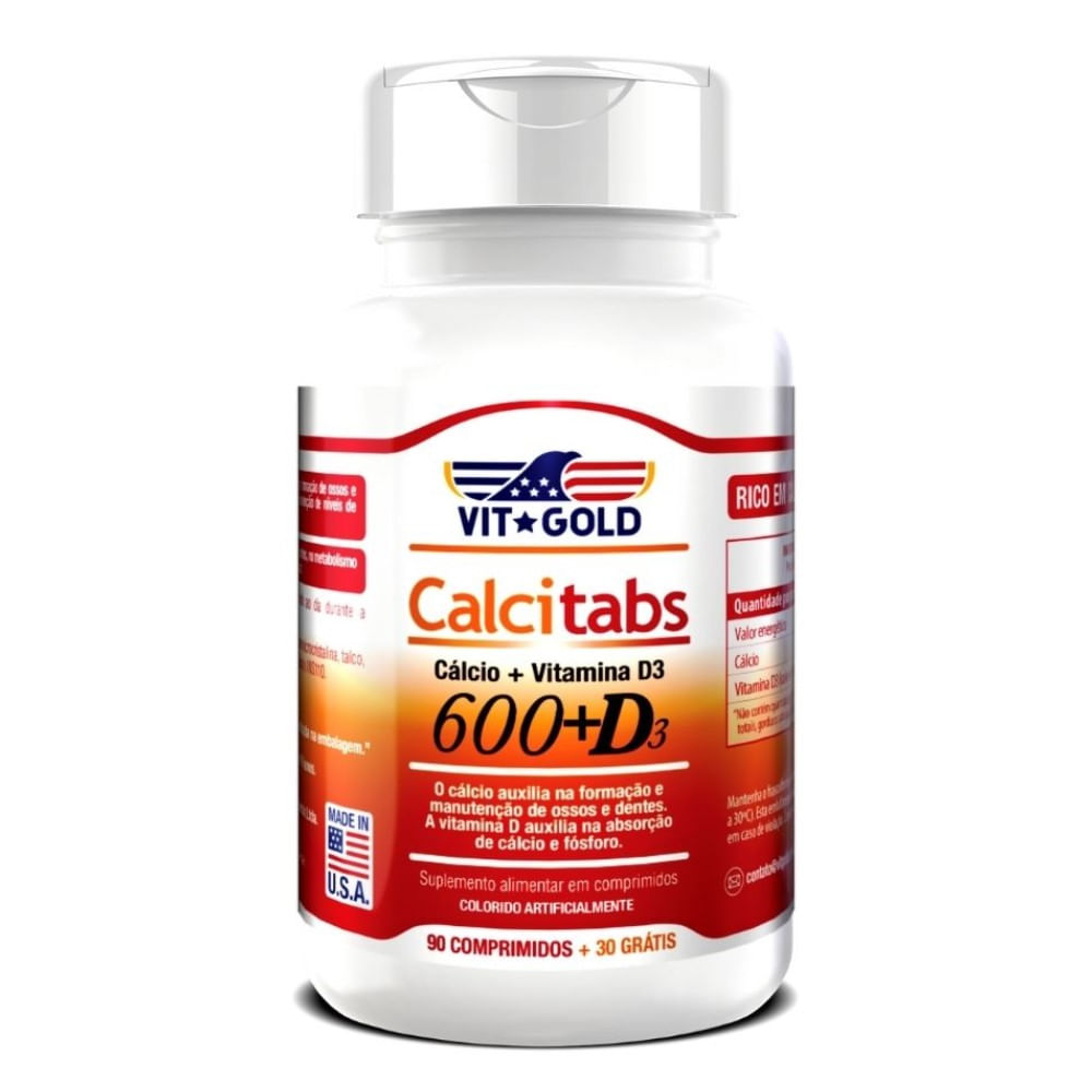 Calcitabs Vitgold Cálcio 600mg + Vitamina D3 90 Comprimidos
