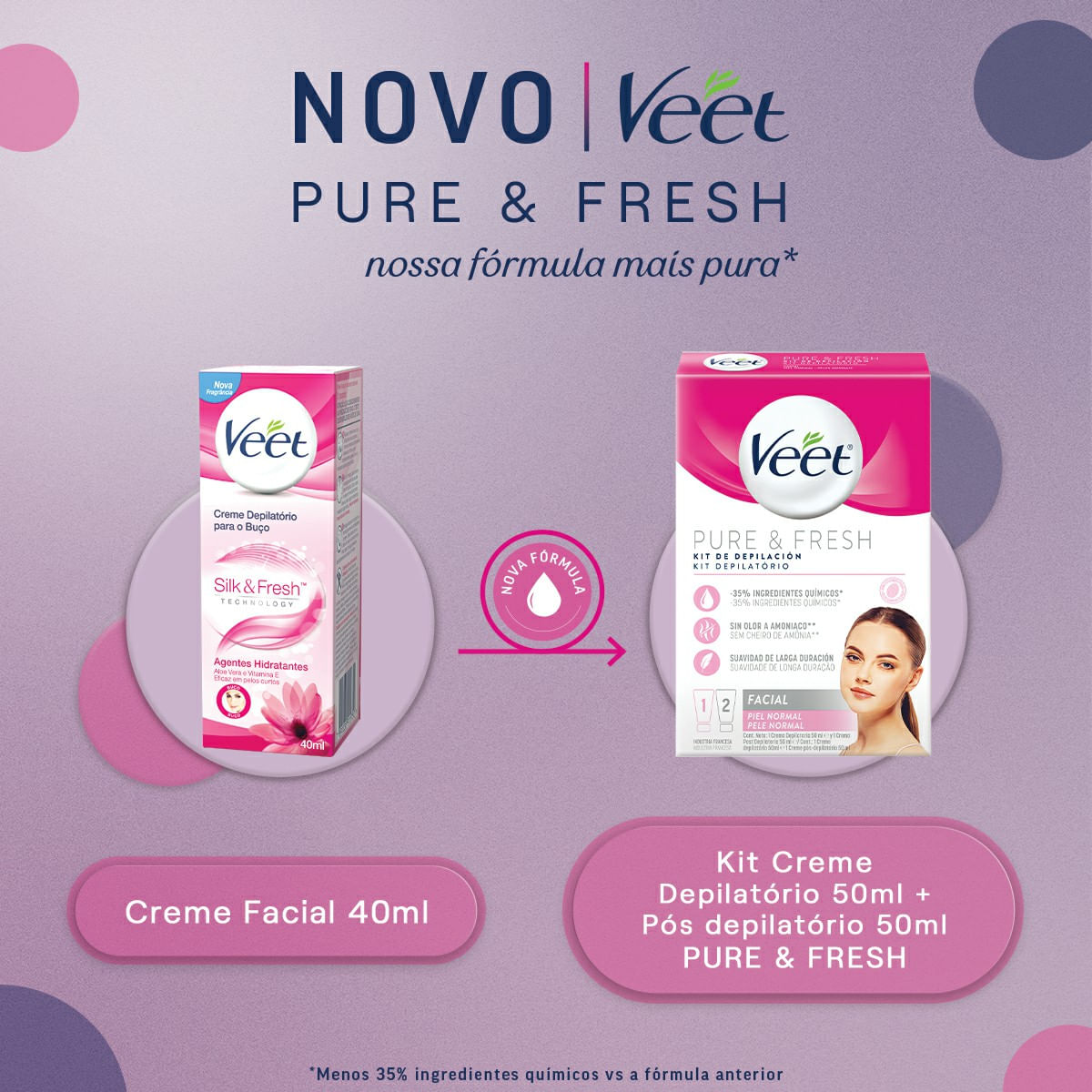 Kit Depilatório Veet Pure E Fresh Creme Facial 50g + Pós