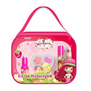 Kit de Maquiagem Infantil Bolsinha Retangular Moranguinho View Cosméticos (Batom + Brilho Labial + Estojinho de Sombra-Blush + Esmalte)