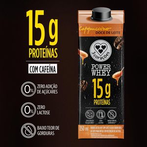 Bebida Láctea UHT 3 Corações Power Whey 15g Proteínas Cappuccino Doce de Leite Zero Lactose 250ml