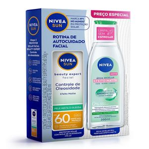 Protetor Solar Facial Nivea Sun Controle de Oleosidade FPS60 50g + Água Micelar Nivea Efeito Matte Sem Perfume 200ml