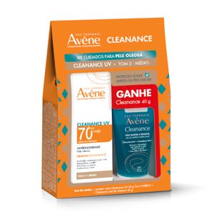 Kit Avène Protetor Solar Cleanance UV FPS70 Tom 2 Médio 40g + Gel de Limpeza Cleanance 40g