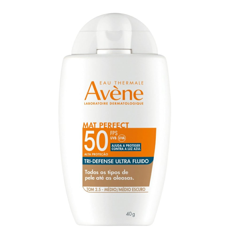 Protetor Solar Facial Avène Mat Perfect Tri-Defense Ultra Fluido FPS50 Tom 2.5 Médio/Médio Escuro 40g