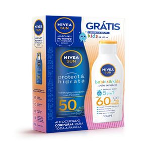 Kit Nivea Sun Protetor Solar Corporal Protect e Hidrata FPS50 200ml + Protetor Solar Kids e Babies FPS60 Pele Sensível 100ml