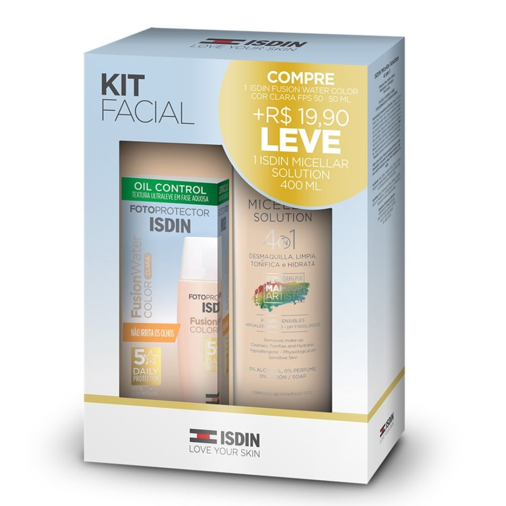 Kit Isdin Protetor Solar Fusion Water Color Cor Clara FPS60 50ml+ Micellar Solution 4 em 1 400ml
