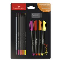 Kit Faber Castell Supersoft Cores Quentes 5 Lápis + 4 Brushpen + 1 Borracha
