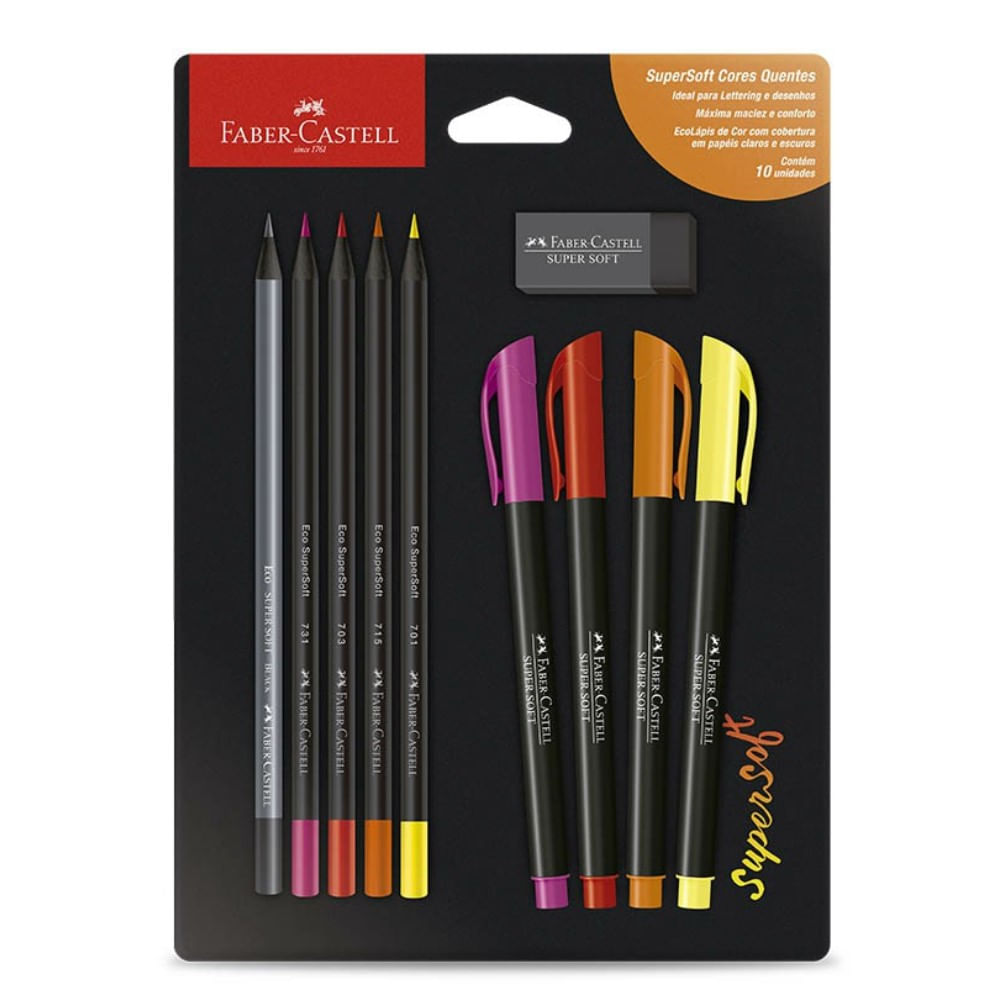 Kit Faber Castell Supersoft Cores Quentes 5 Lápis + 4 Brushpen + 1 Borracha
