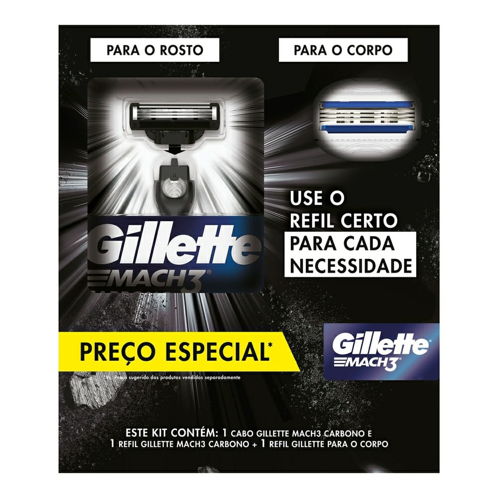 Kit Gillette Mach3 1 Aparelho De Barbear Recarregável+ 1 Carga de Barbear + 1 Carga de Corpo