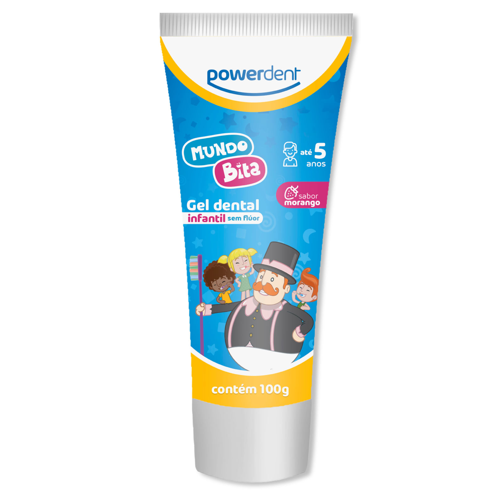 Gel Dental Powerdent Mundo Bita Morango Sem Fluor 100g