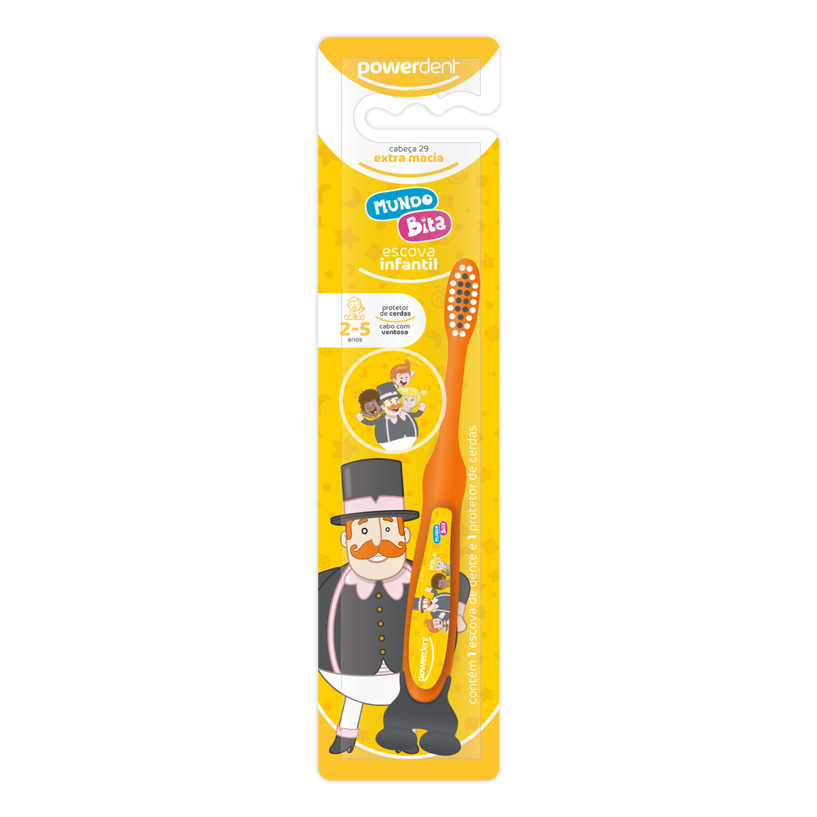 Escova Dentla Infantil Powerdent  Mundo Bita com Ventosa 2 a 5 anos 1 Unidade
