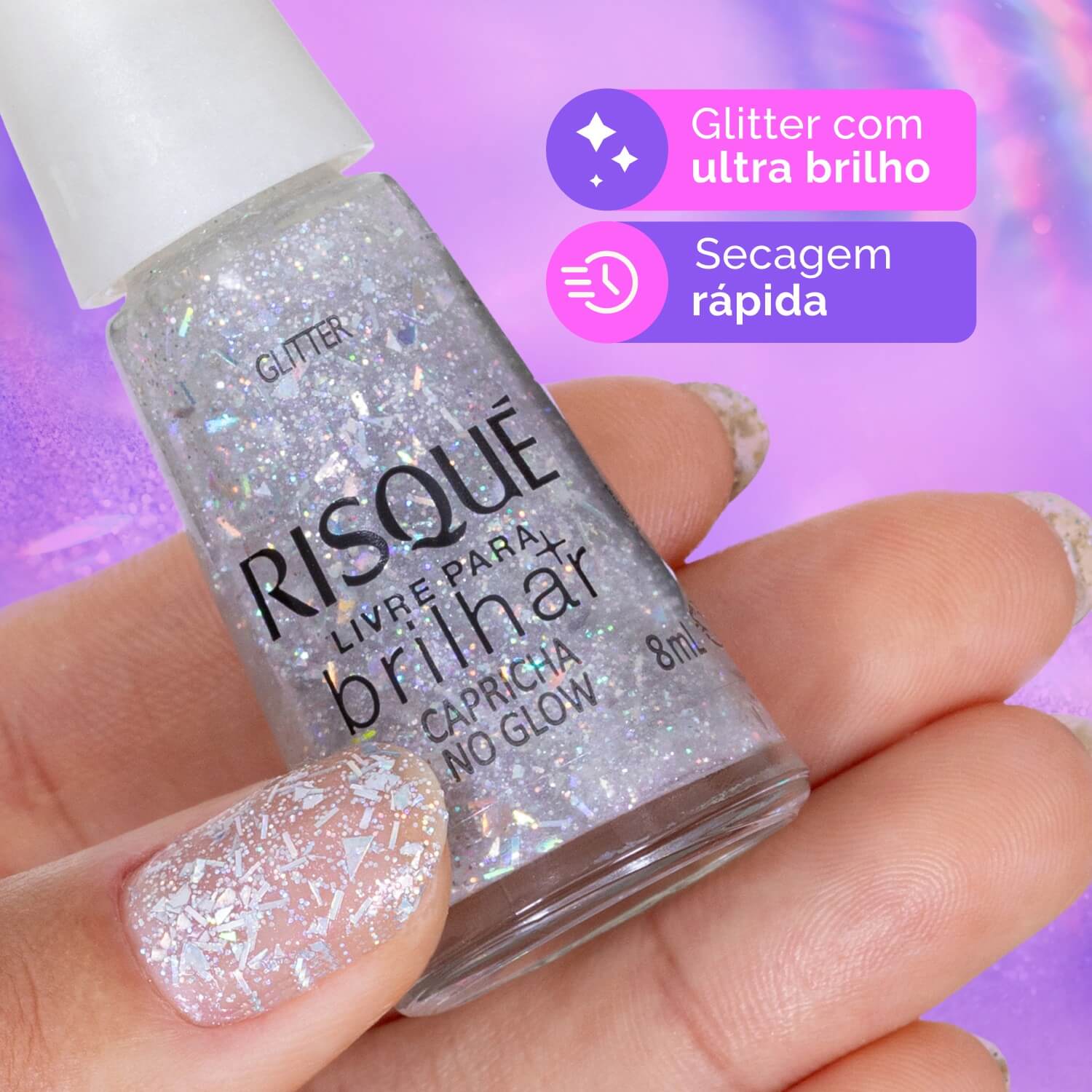 Esmalte Risqué Livre Para Brilhar Capricha no Glow Glitter Prata 8ml