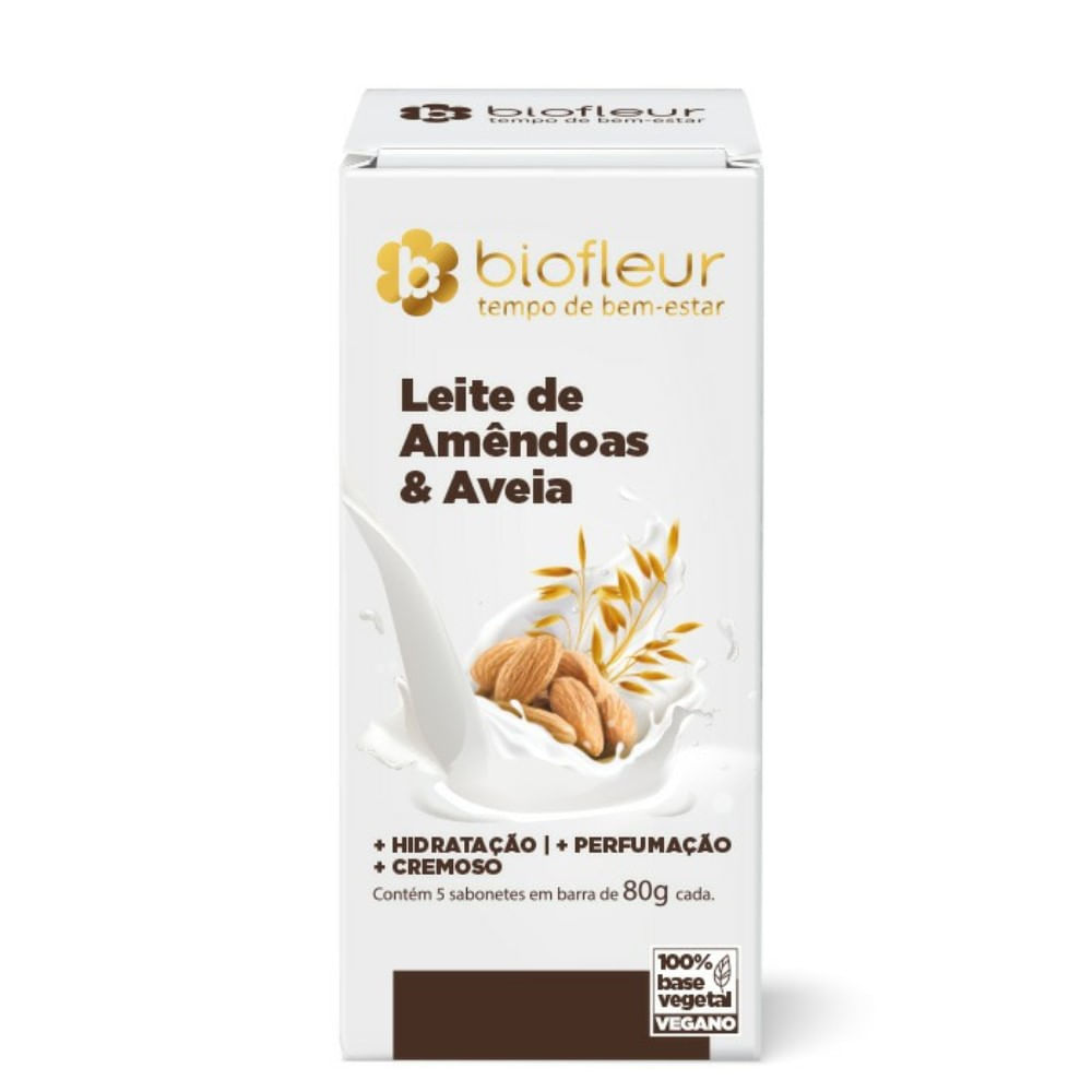 Sabonete Biofleur Leite de Amêndoas e Aveia 5 unidades de 80g cada.