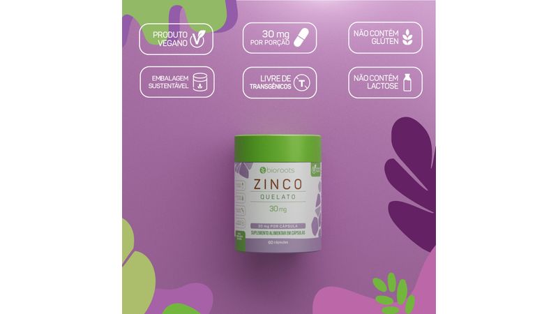 Zinco Quelato 30mg Bioroots 60 Cápsulas