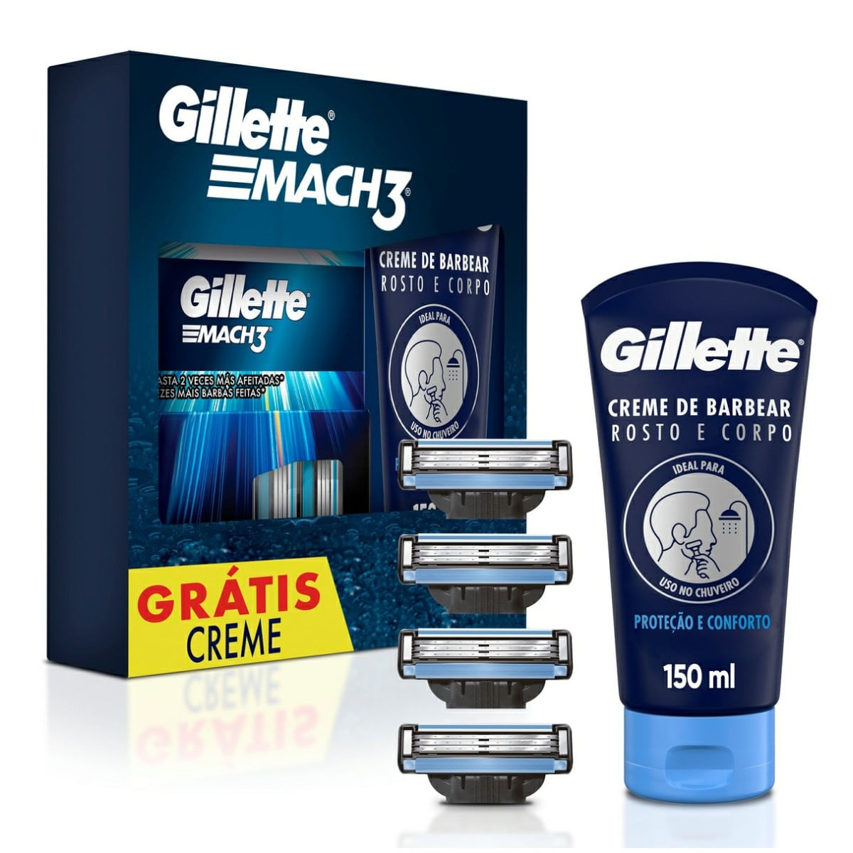 Carga para Aparelho de Barbear Gillette Mach3 4 Unidades + Creme de Barbear Gillette Rosto e Corpo 150ml