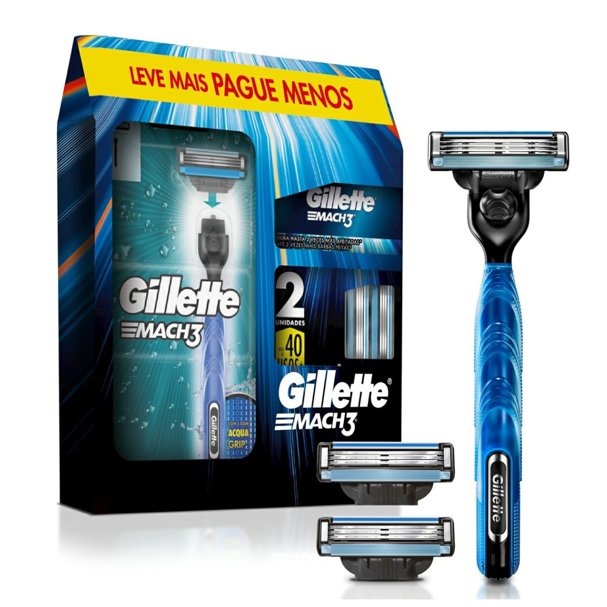 Aparelho de Barbear Gillette Mach3 Acqua-Grip 1 Unidade + 2 Cargas