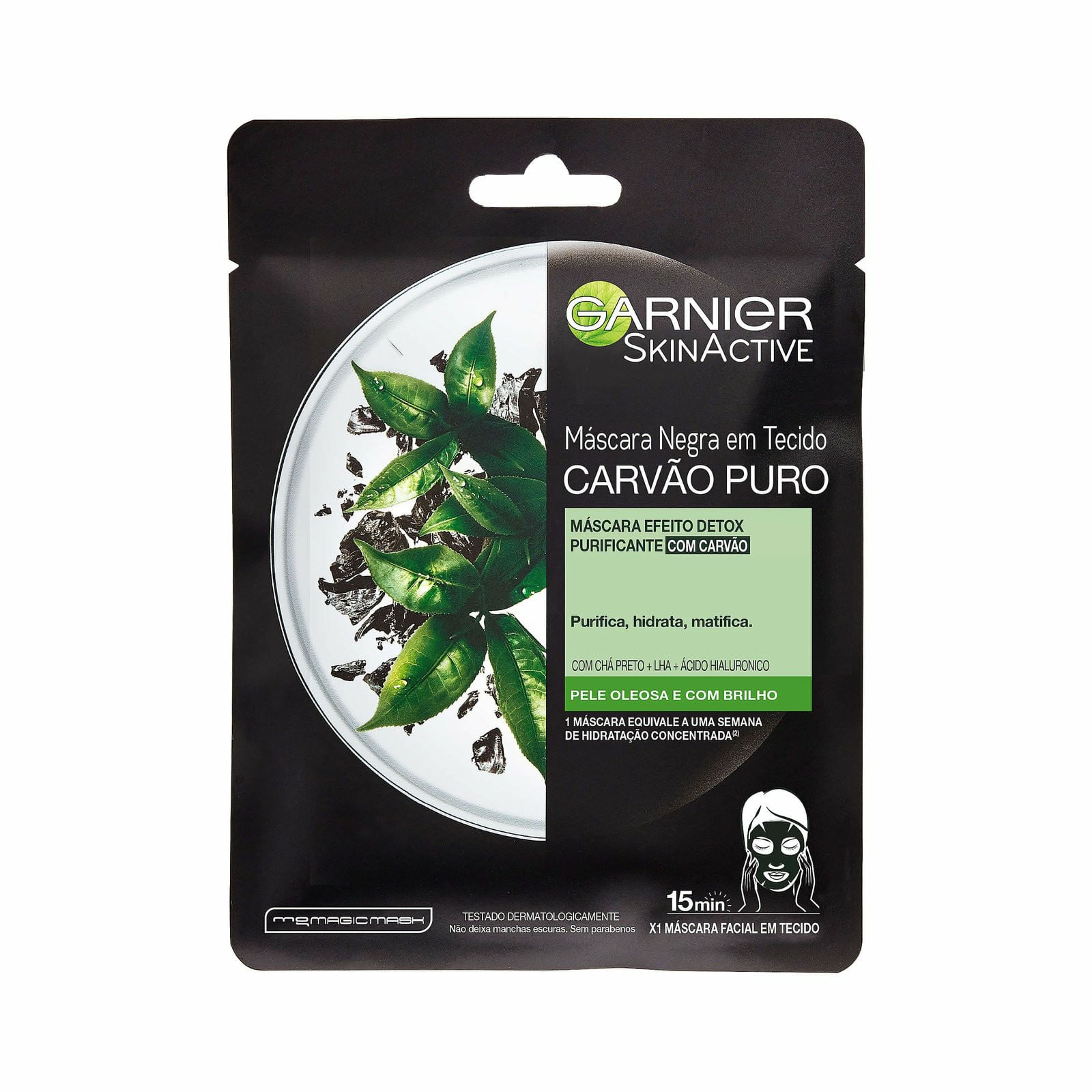 Máscara Facial Negra Em Tecido Garnier Efeito Detox Carvão Puro 28g