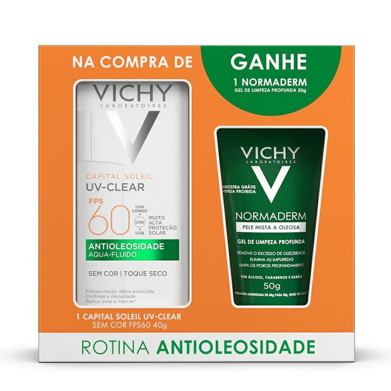 Kit-Vichy-Protetor-Solar-Capital-Soleil-UV--Clear-Sem-Cor-FPS60-40g---Gel-de-Limpeza-Profunda-Normaderm-50g---0