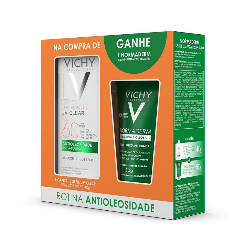 Kit-Vichy-Protetor-Solar-Capital-Soleil-UV--Clear-Sem-Cor-FPS60-40g---Gel-de-Limpeza-Profunda-Normaderm-50g---1