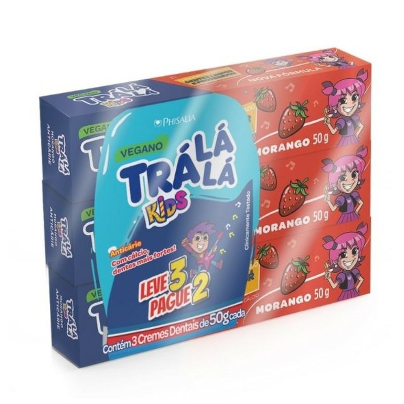 Creme-Dental-Tra-La-La-Kids-Vegano-Sabor-Morango-3-Unidades-de-50g-Cada---0