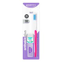 Orthokit Plus Powerdent 1 Escova Dental Ortodôntica Macia + Fio dental 20m + Passa fios