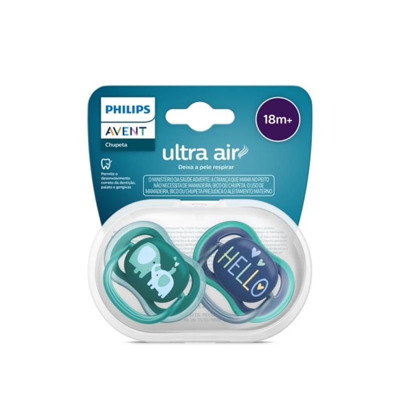 Chupeta Avent Ultra Air SCF349/18 18 Meses+ Decorada Hello/Elefante Azul e Verde 2 Unidades