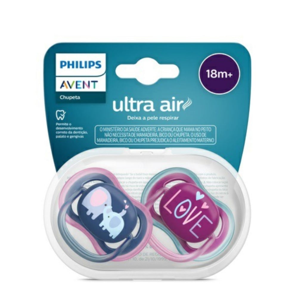 Chupeta Avent Ultra Air SCF349/22 18 Meses+ Decorada Elefante/Love Azul e Rosa 2 Unidades