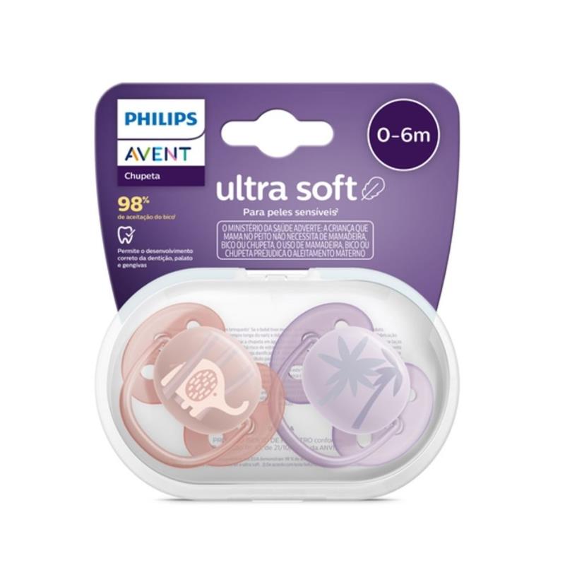 Chupeta Avent Ultra Soft SCF091/09 0-6 Meses Decorada Elefante Salmão/Lilás 2 Unidades