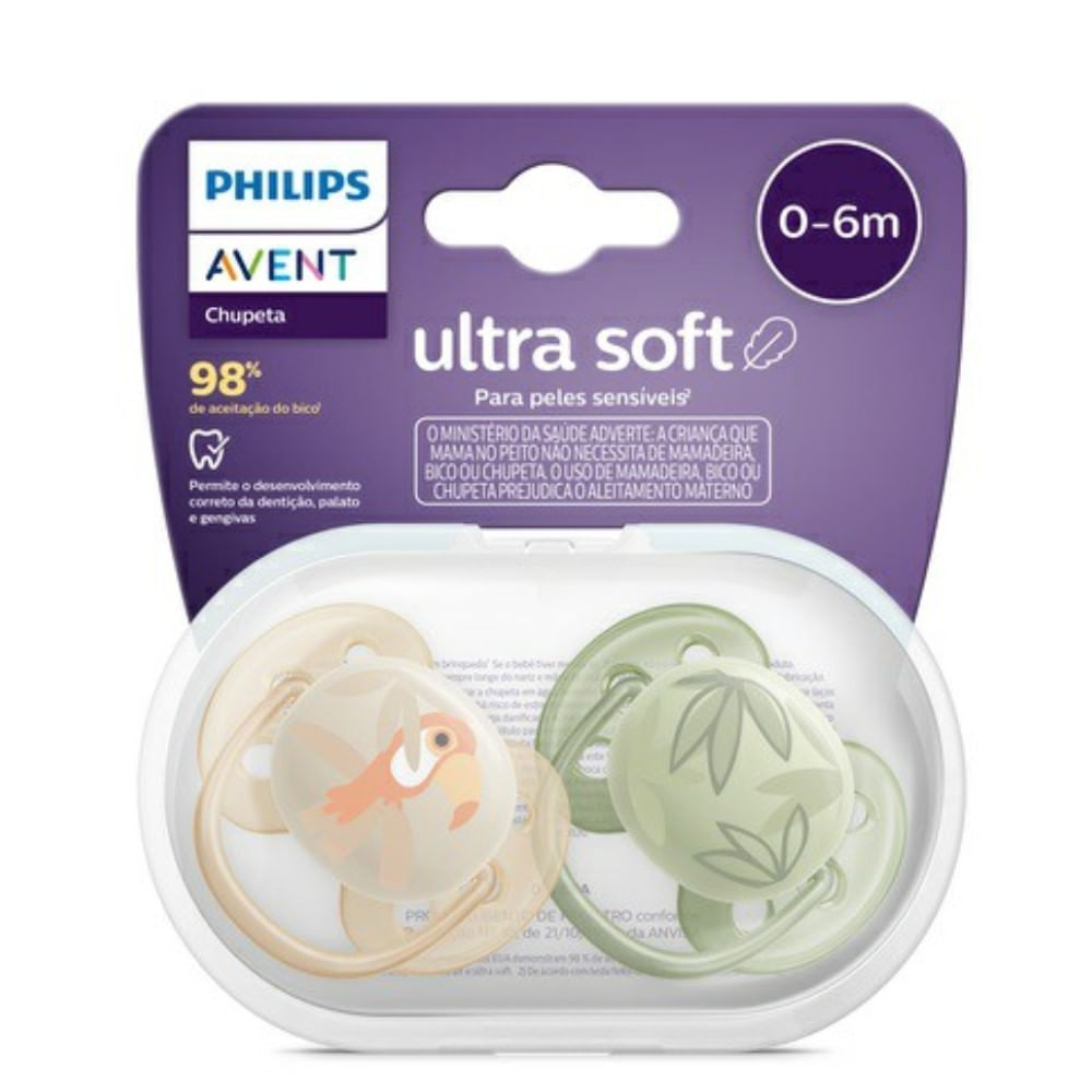 Chupeta Avent Ultra Soft SCF091/07 0-6 Meses Decorada Folhas/Pássaro Laranja/Verde 2 Unidades