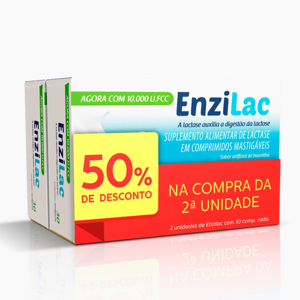 Enzilac 10.000 U.FCC Enzima Lactase 2 Unidades com 30 Comprimidos Mastigáveis Cada