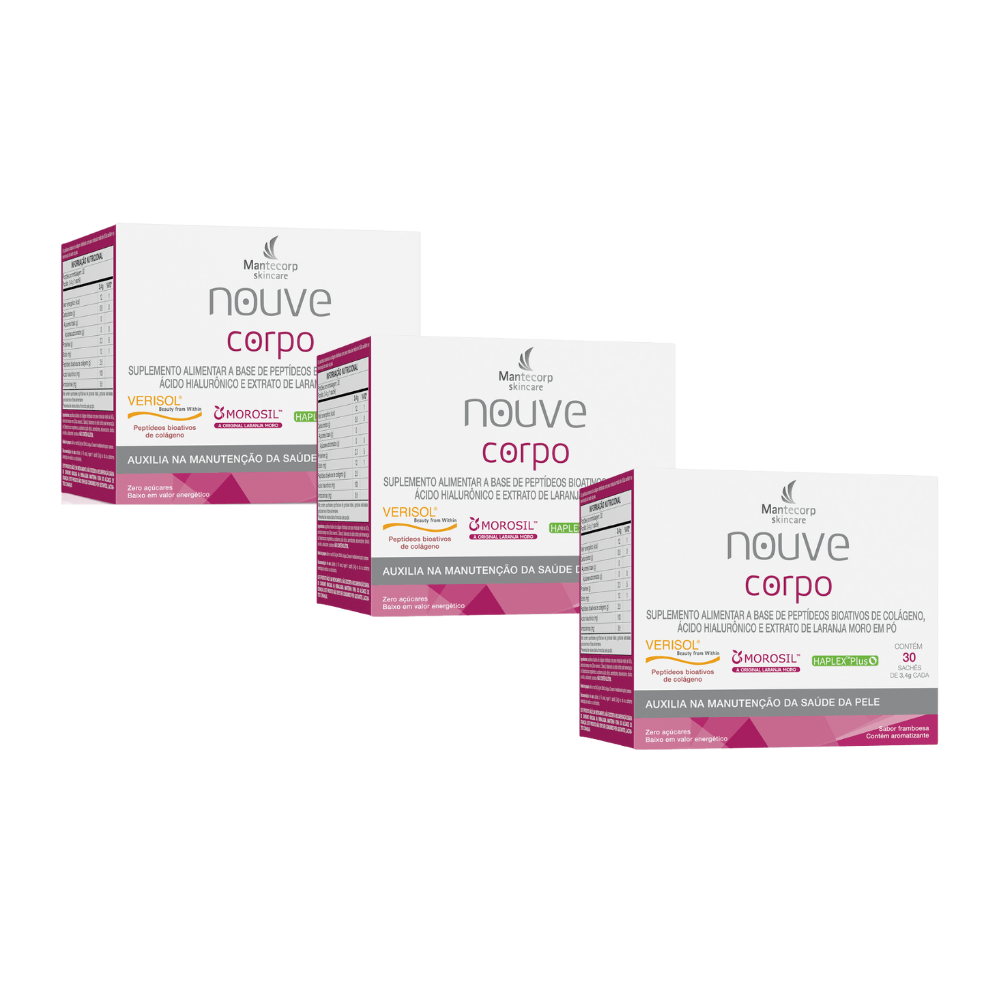Kit 3 Caixas Nouve Corpo Colágeno Verisol + Ácido Hialurônico + Morosil Framboesa 90 Sachês