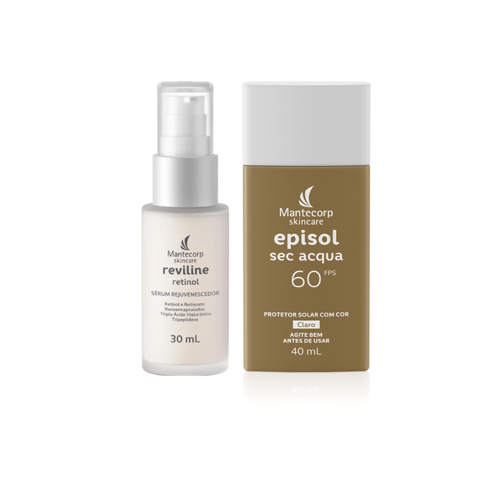 Kit Sérum Rejuvenescedor Reviline Retinol 30ml + Protetor Solar com Cor Episol Sec Acqua FPS 60 Tom Claro 40ml