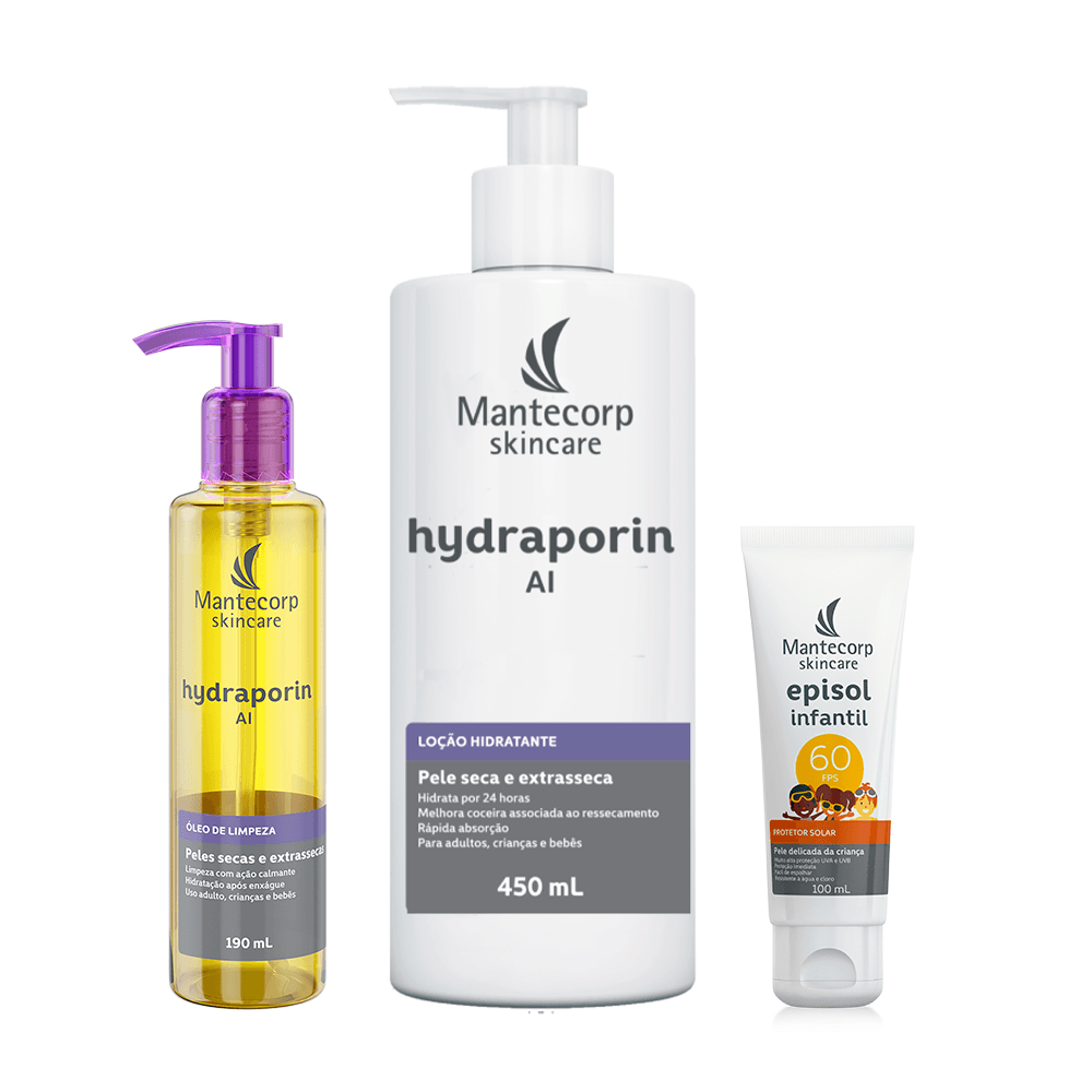 Kit Rotina de Cuidados Infantil Hydraporin AI Óleo 190ml + Loção 450ml + Episol Infantil FPS 60 100ml